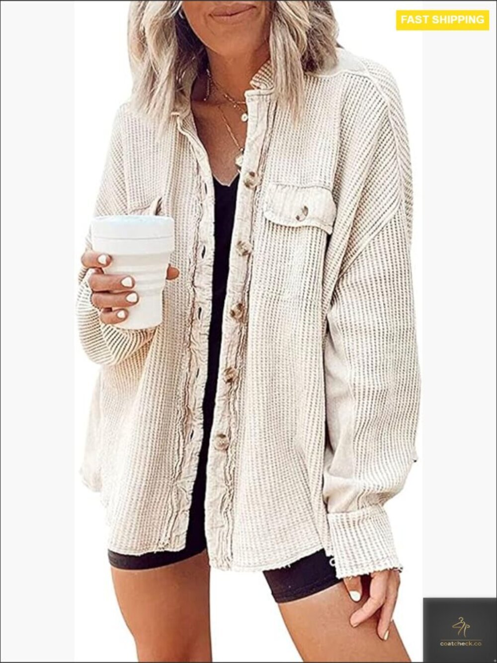 Waffle Knit Button Down Shirt Casual Oversized Jacket Long Sleeve Fall Outfit